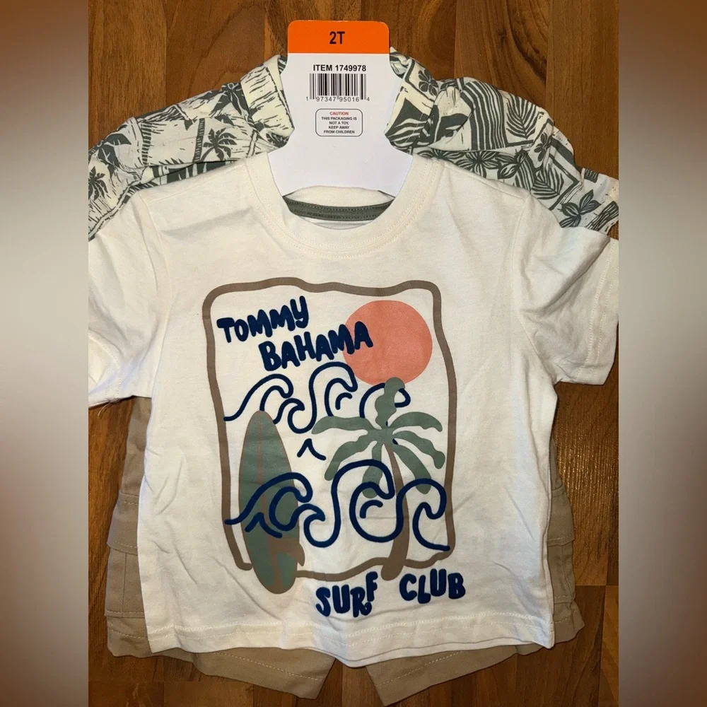 Tommy Bahama kids 3 piece short set Hawaiian casual size 2T khaki NWT‎